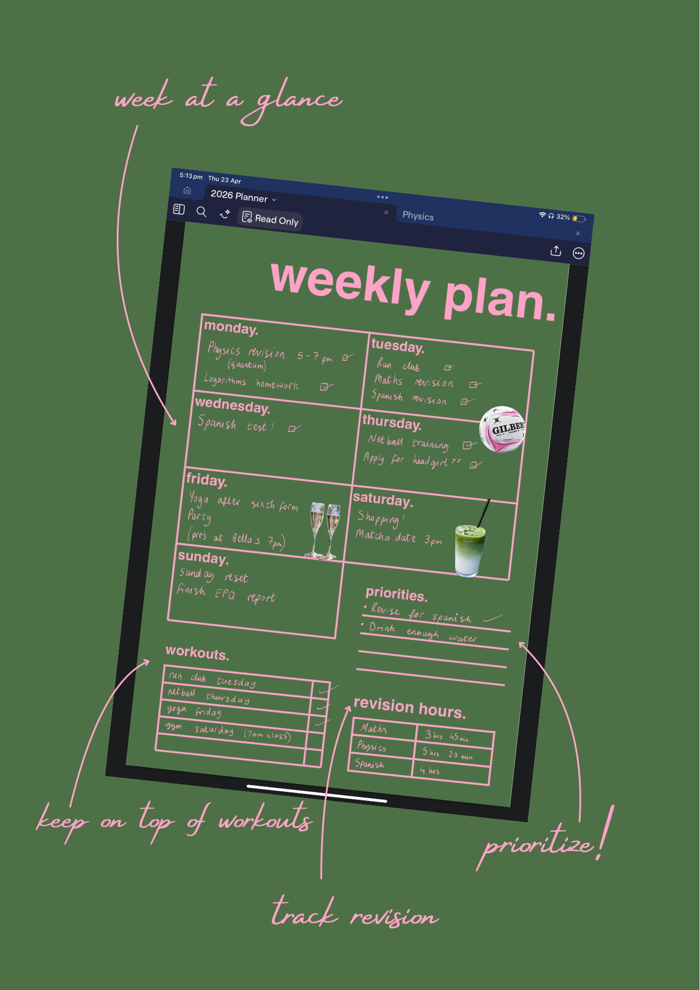 Weekly plan template on a digital device with text on a green background