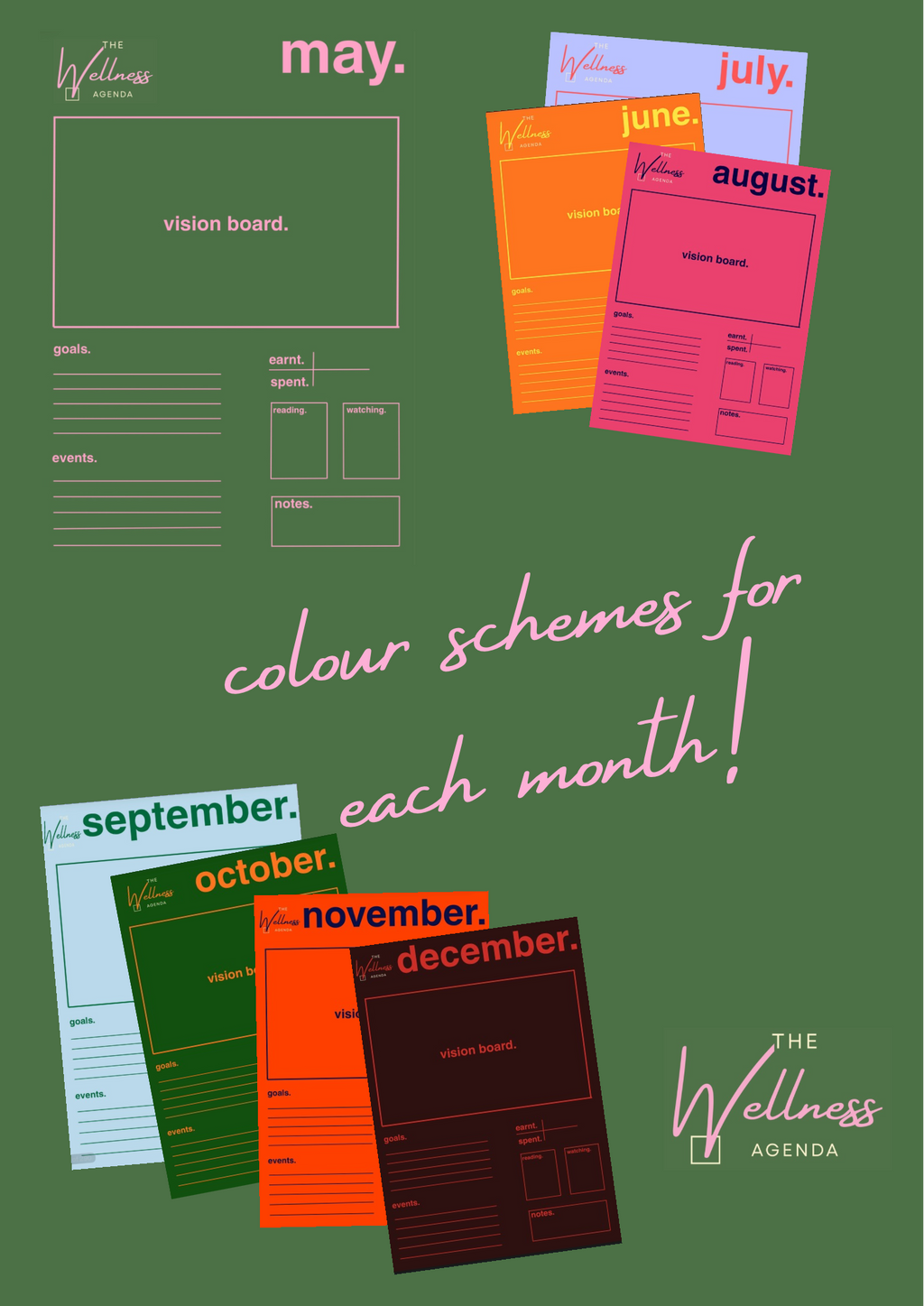Color schemes for each month on a green background with 'The Wellness Agenda' branding.