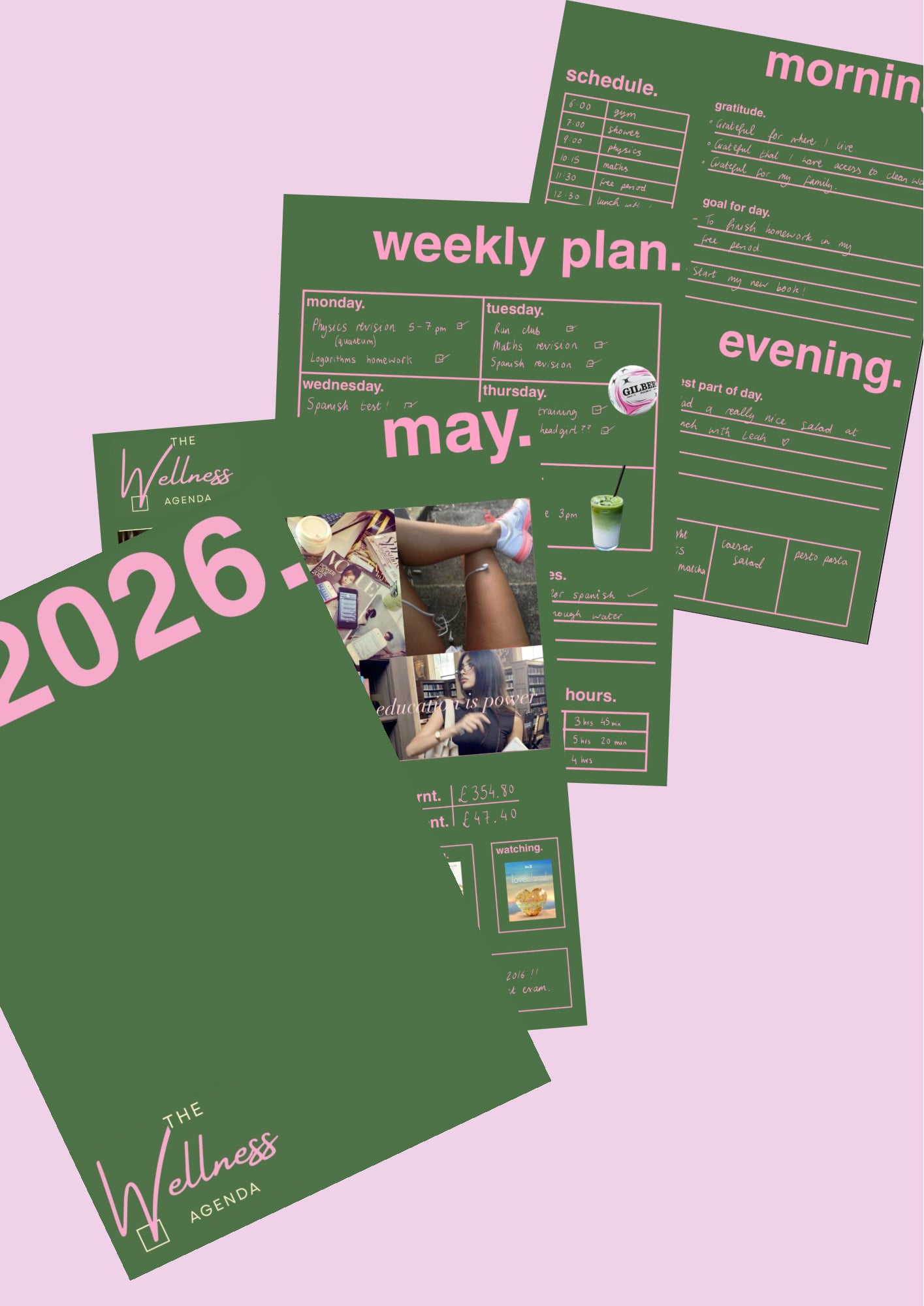 Green planner with weekly plan and schedule on a pink background