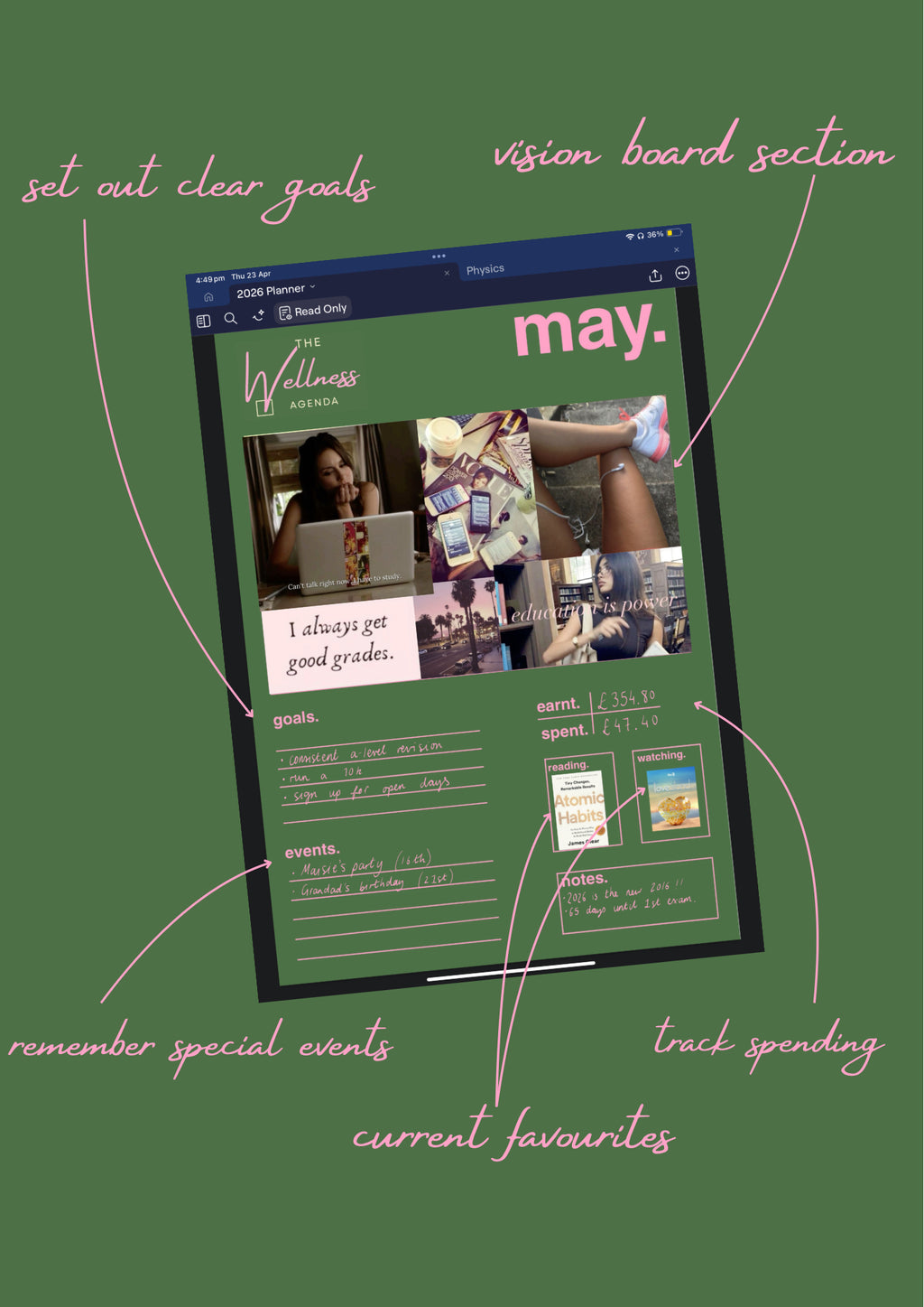 Vision board section with digital planner app on a green background