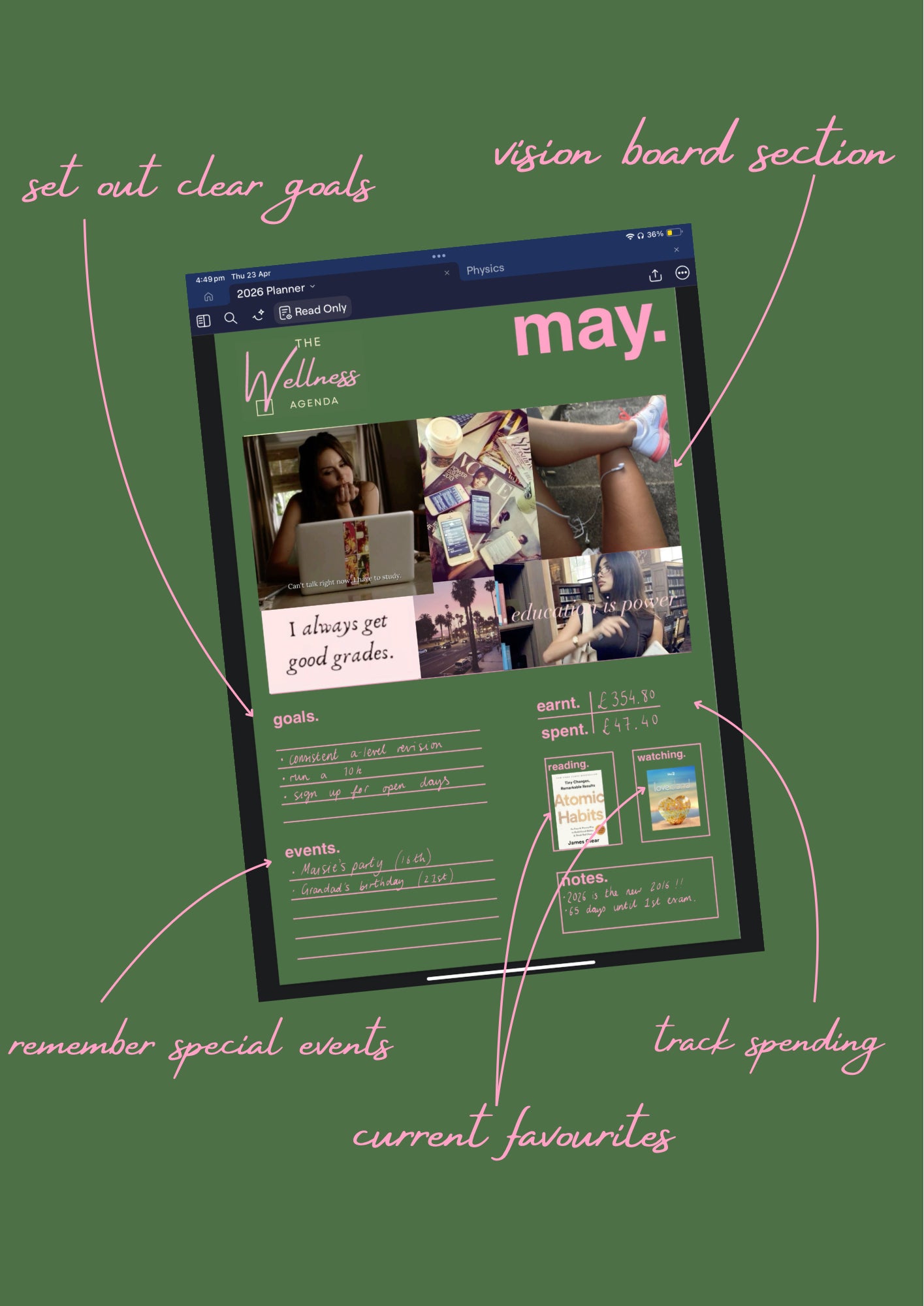 Vision board section with digital planner app on a green background